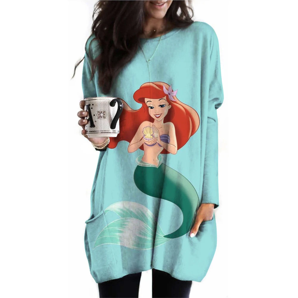 ディズニープリンセスプリントの女性用長袖Tシャツ,ラウンドネック,十分なポケット,特大,カジュアル,春と秋,ラージサイズ,3XL