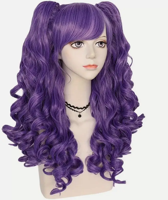 

Purple Long Curly Wigs With 2 Curly Ponytails 22Inch Long Synthetic Wavy Wigs