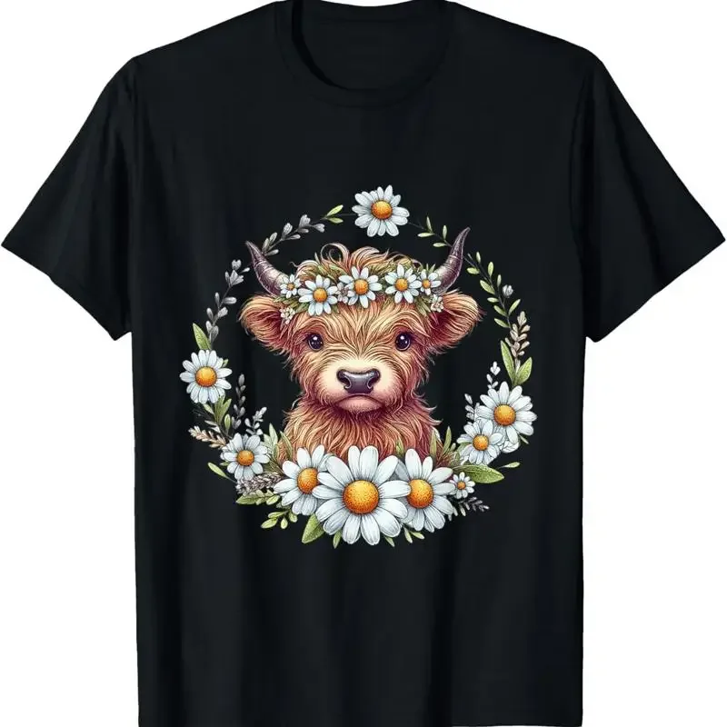 Cute Baby Highland Cow With Daisy Flowers Scottish Farm T Shirt