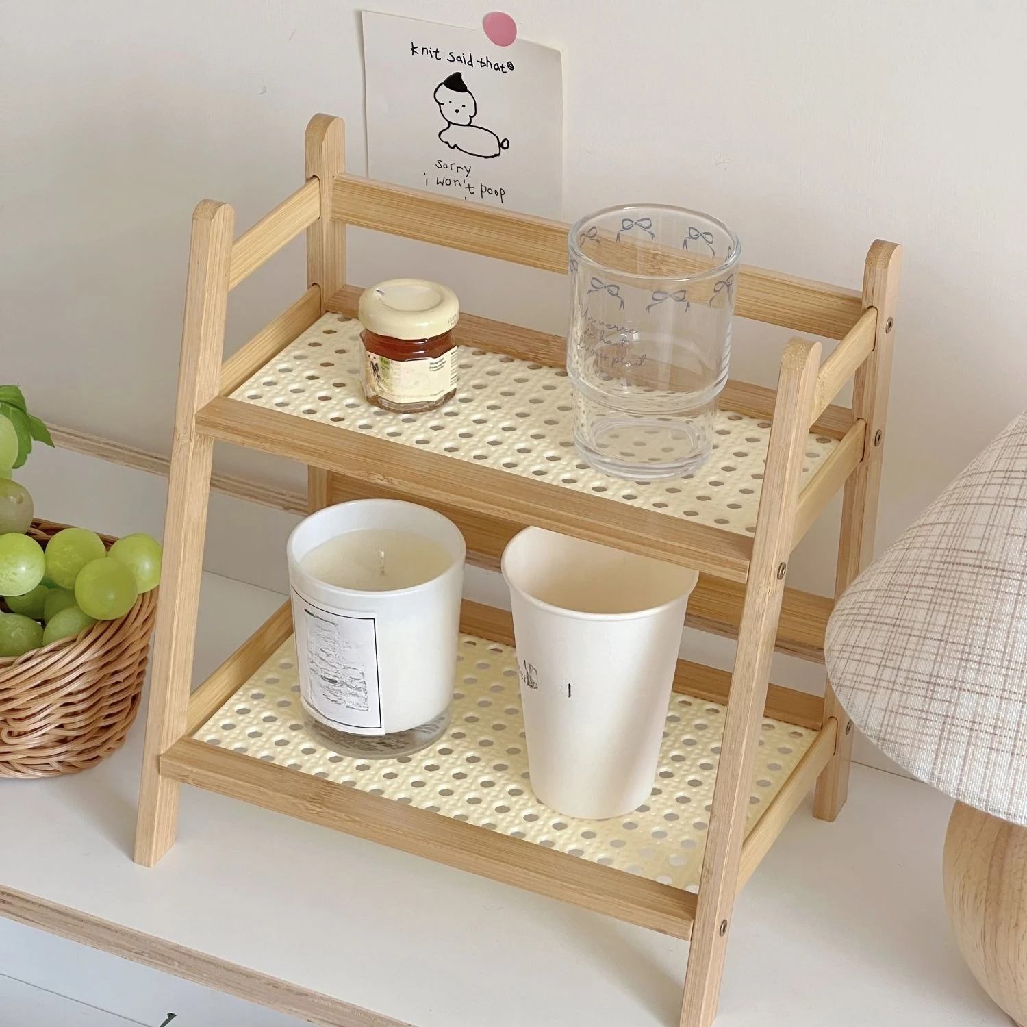 Retro 2 Layer Rattan Weave Wood Storage Rack Shelf Desktop Cabinet Organizer Display Rack Cup Holder Coffee Bar Counter Shelf
