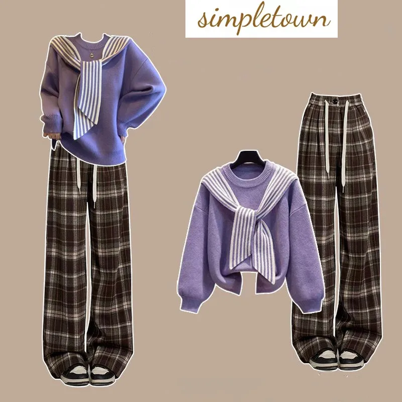 

Women's Set with Spring and Autumn Striped Shawl Patchwork Sweater and High Waisted Loose Straight Leg Pants Two Piece Set