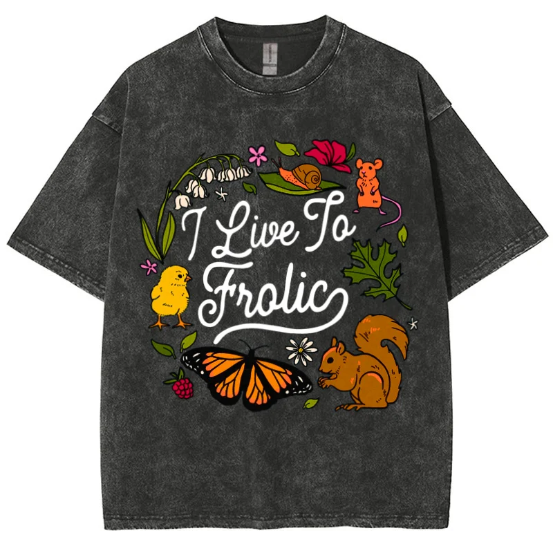 Hamster Butterfly Squirrel Flower Wreath Print T-Shirt Old Trend Oversize Neutral Style Round Neck Sleeve Short Sleeve