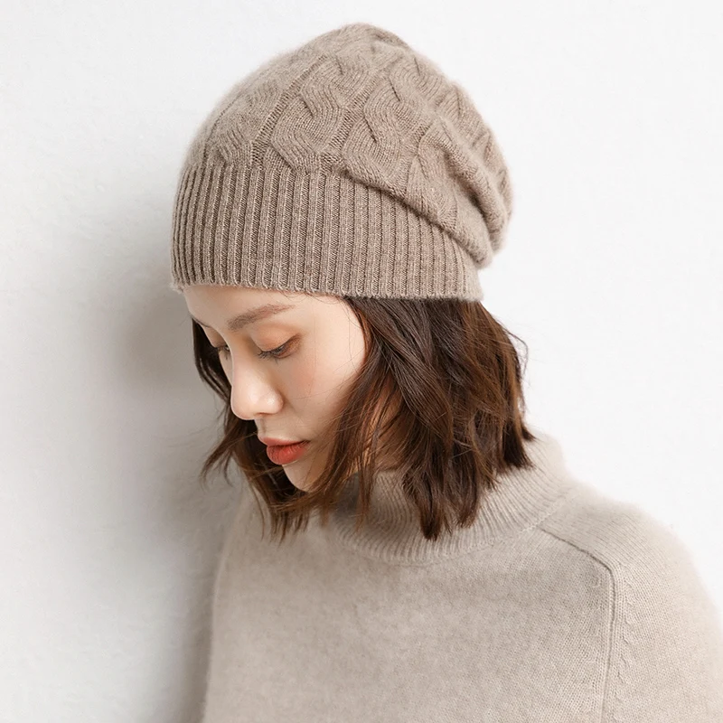 Hot Sale 2023 New Arrival Autumn Winter Women Hats 100% Cashmere Knitted Headgears Soft Thicken Warm Fashion Girl Cap 2 Colors