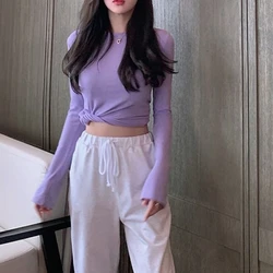 Plain Woman T-shirt 2024 Tee Clothing Slim Cotton Skinny Purple Top for Women Tshirt Korea Stylish Spring and Autumn Trend Goth