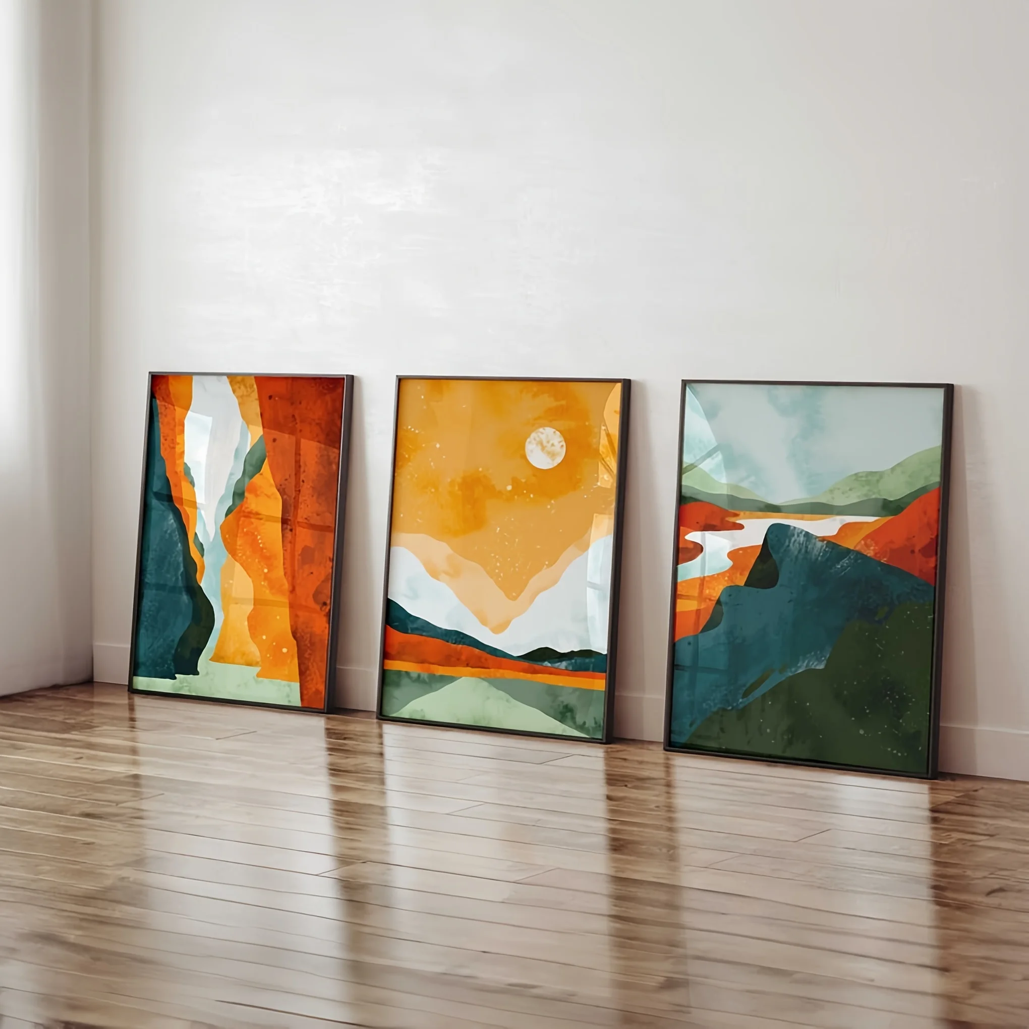 Affiche d'art moderne Boho 3 pièces, ensemble d'illustrations soleil et montagne, adapté à la décoration de la pièce telles que le bureau, le salon ou D