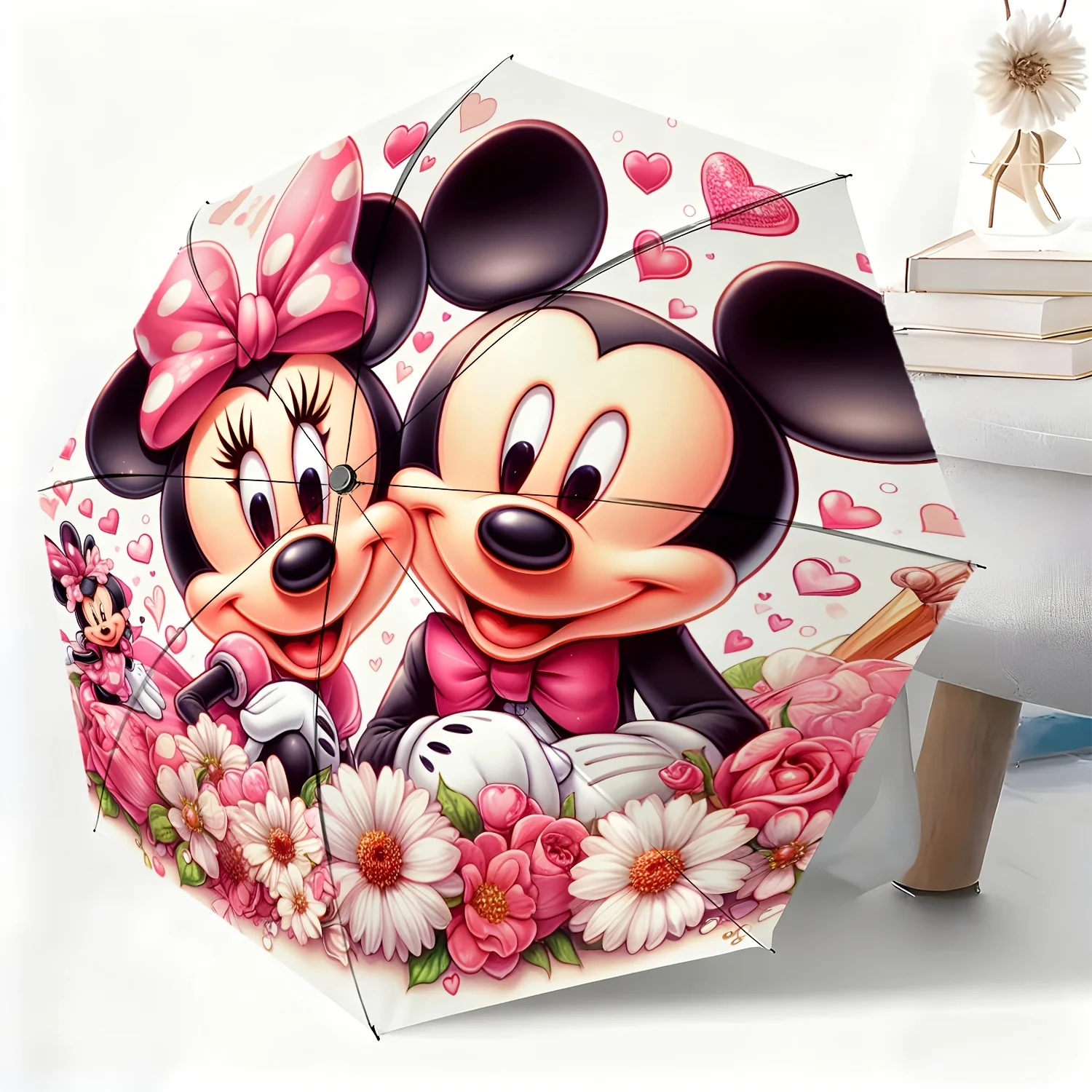 

1pc Disney Mickey and Minnie Flower Print Automatic Umbrella, All-Weather Folding Umbrella for All Occasions, Portable Compact