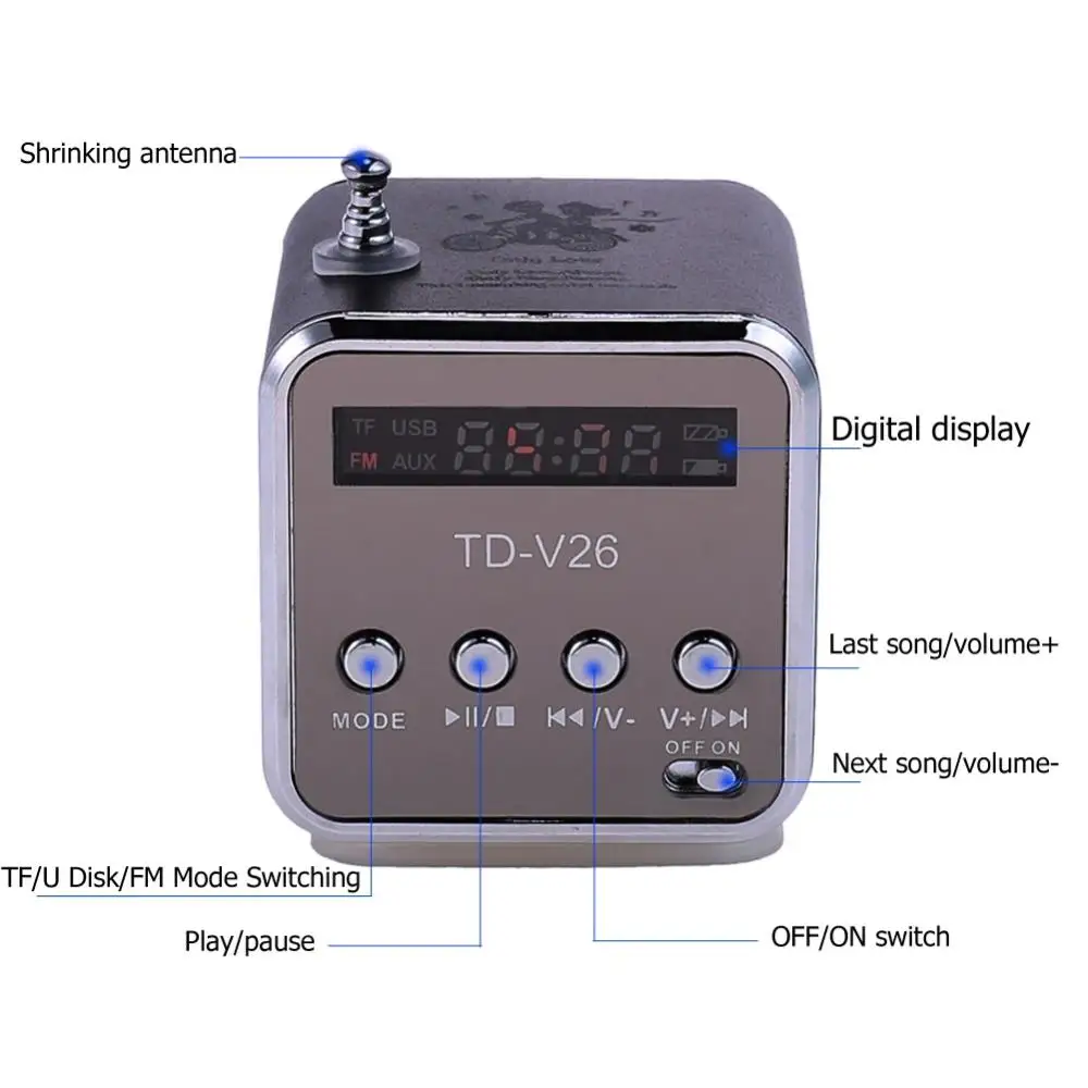 TD-V26 راديو FM صغير محمول مايكرو ثلاثة أضعاف بلوتوث صوت محمول للكمبيوتر الهاتف المحمول MP3 الموسيقى دعم مايكرو TF بطاقة SD