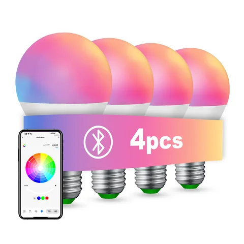4pcs, RGBCW Smart Bulbs, Color Changing Dimmable LED Lights, Music Sync & App Control for Home Bedroom