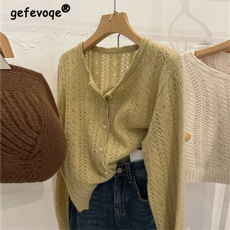 Clothes for Women 2024 Trendy Simple Hollow Single Breasted Knitted Cardigan Female Casual O Neck Long Sleeve Loose Sweater Coat