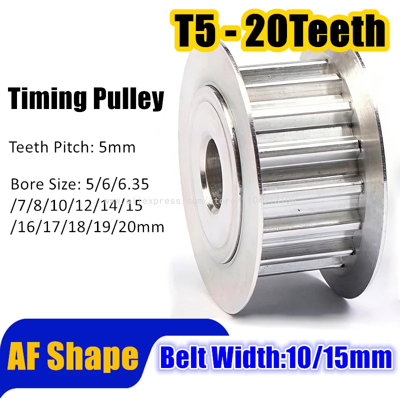 T5-20Teeth Belt Pulley Bore 5/6/6.35/7/8/10/12/14/15/16/17/18/19/20 mm Timing Toothed Pulley For T5 Belt Width 10/15mm Pitch 5mm