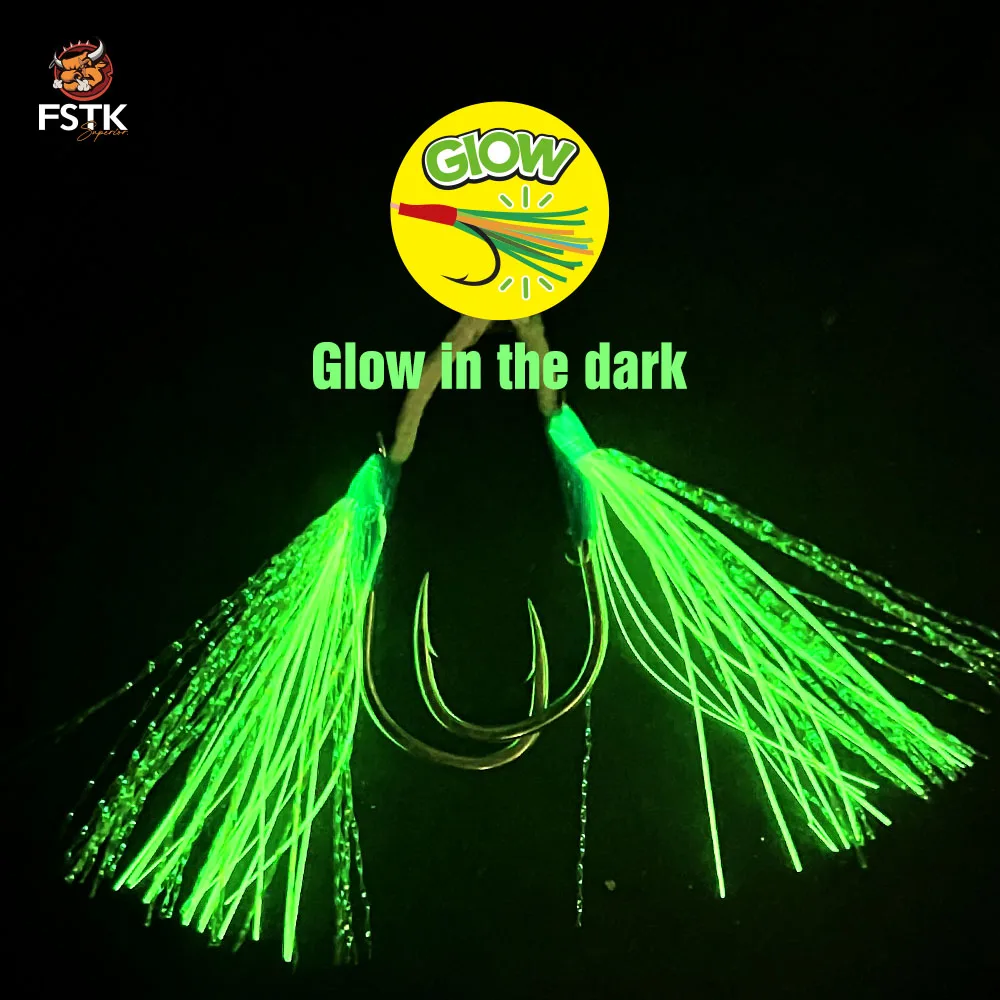 WEIHAI FSTK kait bantuan Jig logam kait ganda Pesca baja karbon tinggi kait pancing laut serat UV kait cahaya lambat Jigging Peche