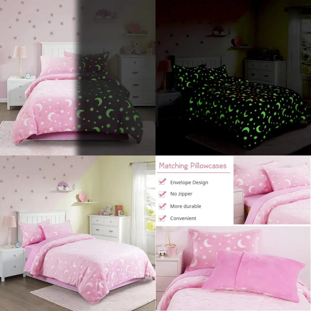 HOMBYS Glow in The Dark Comforter Set 5 Piece Twin/Twin XL with Sheets, Pink Velvet Bedding Comforter Sets for Twin Bed, Ultra S