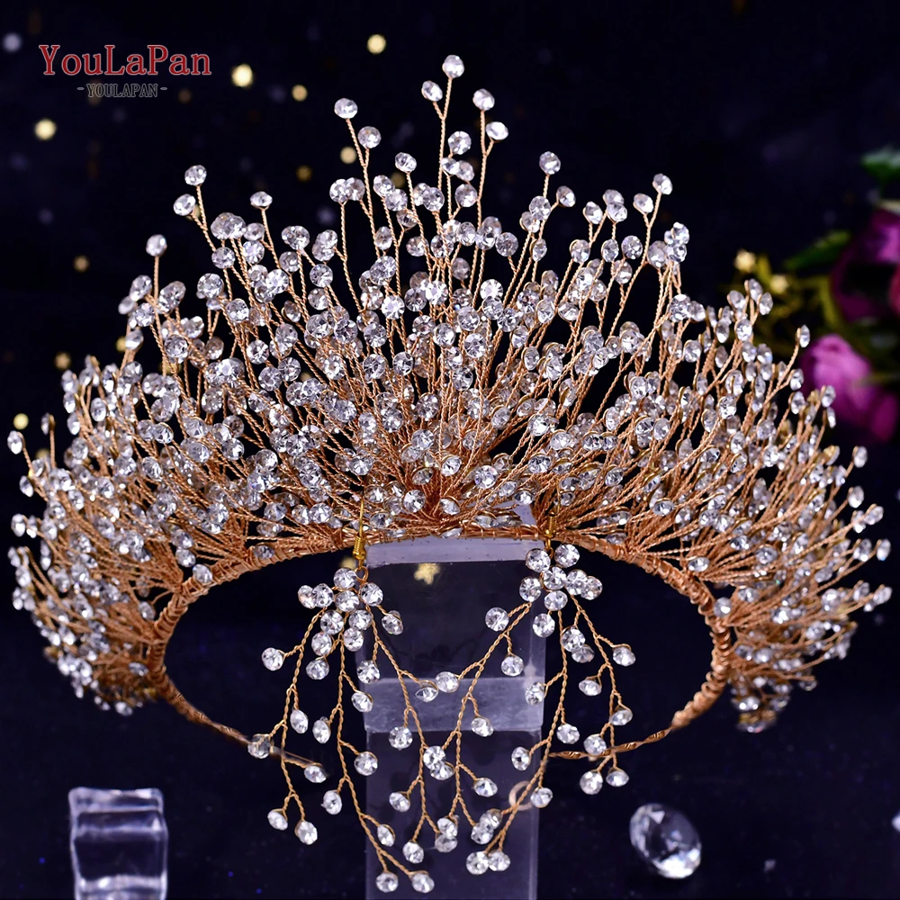 YouLaPan Gouden Bruidskroon Strass Bruiloft Haaraccessoires Sieraden Bruidshoofdband Luxe Vrouwen Tiara voor Optocht Hoofddeksels