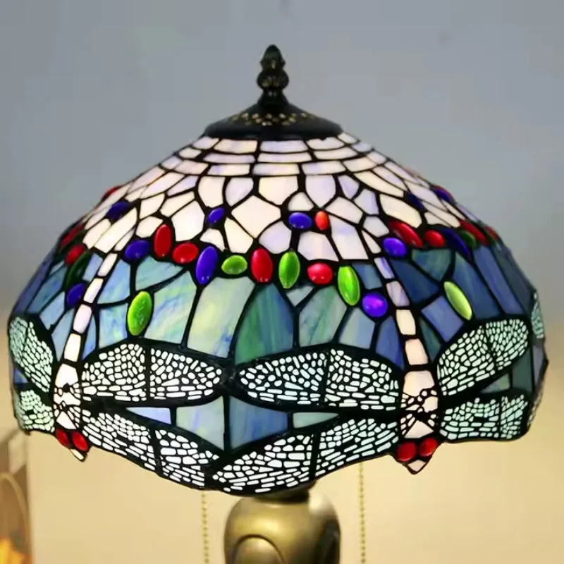 12inch European Pastoral Retro Tiffany Stained Glass Table Lamp with Colorful Dragonfly Pattern Shade Lighting Restauran
