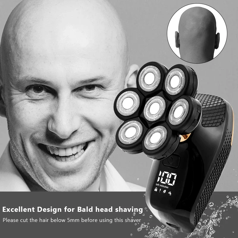 5 In 1 7D Men\'s Rechargeable Bald Head Electric Shaver 7 Floating Heads Beard Nose Ear Hair Trimmer Razor Clipper Facial Brush