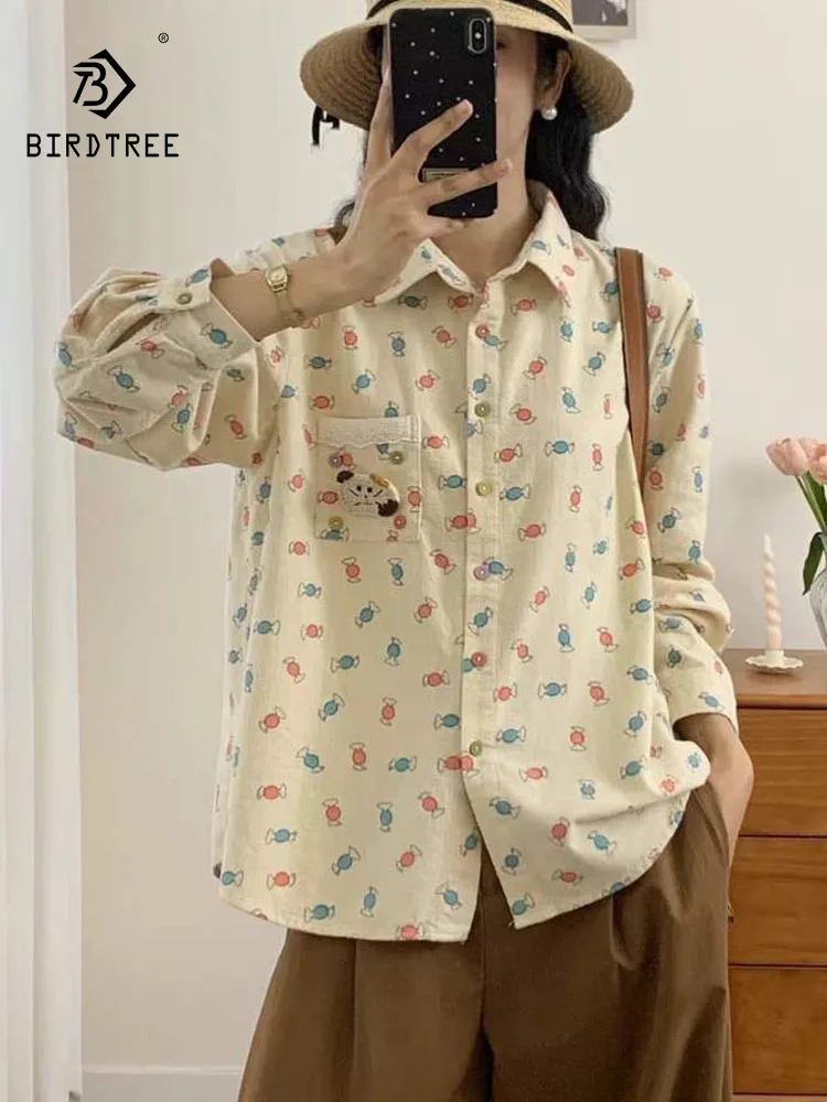 

New 2026 Spring Cotton Long Sleeve Brushed Shirt, Women Lapel Cartoon Print, Mori Girl Preppy Style Sweet Loose Blouse T5D620CC