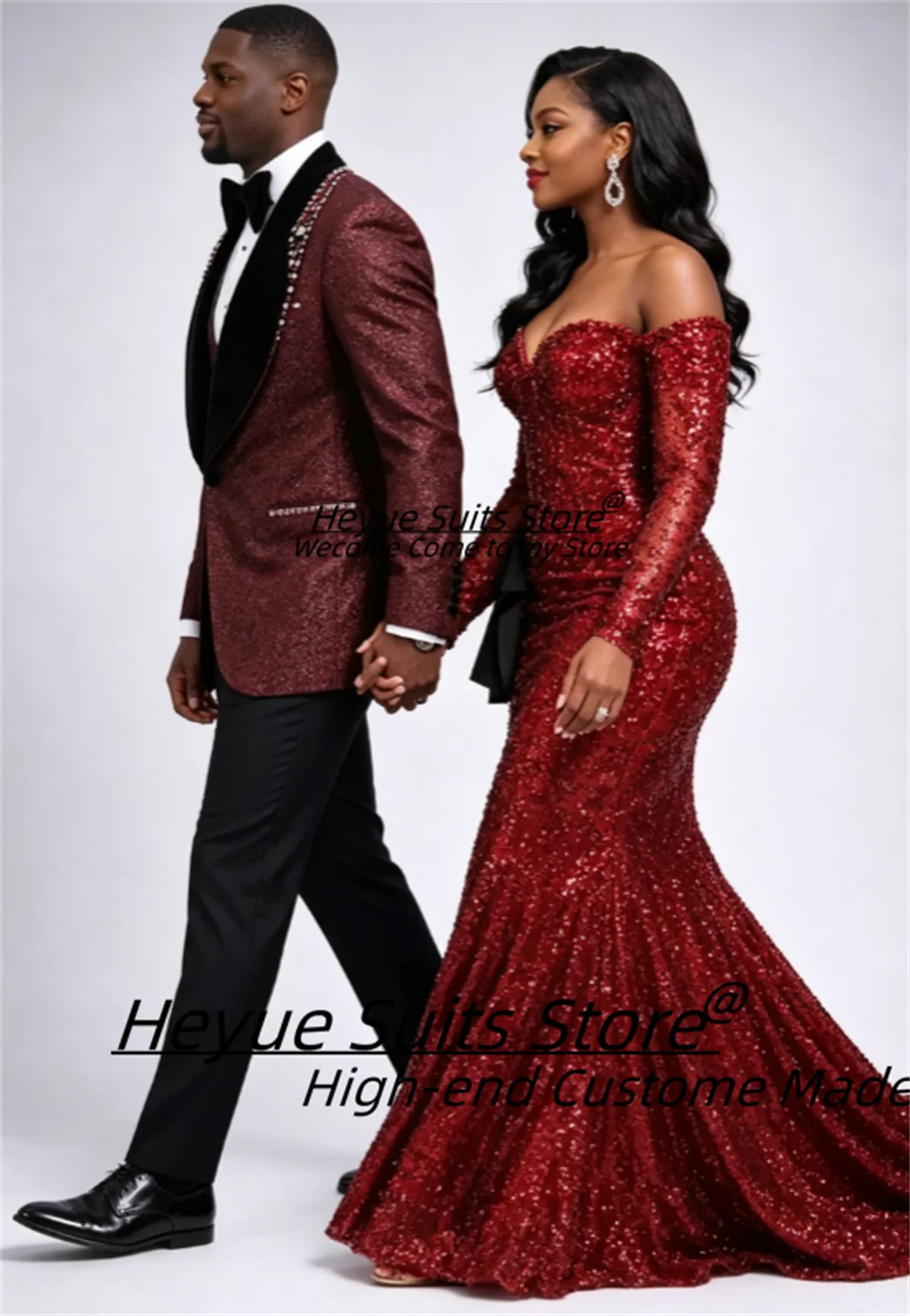 Customized Burgundy Sparkly Fabric Men Suits Slim Fit  Shawl Velvet Lapel Rhinestone Groom Wedding Tuxedos 3Pcs Sets Ropa Hombre