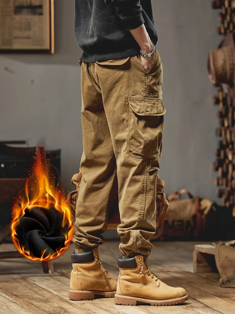 Pantalones Cargo gruesos de forro polar para hombre, ropa de trabajo con múltiples bolsillos, monos ajustados, Joggers, pantalones térmicos