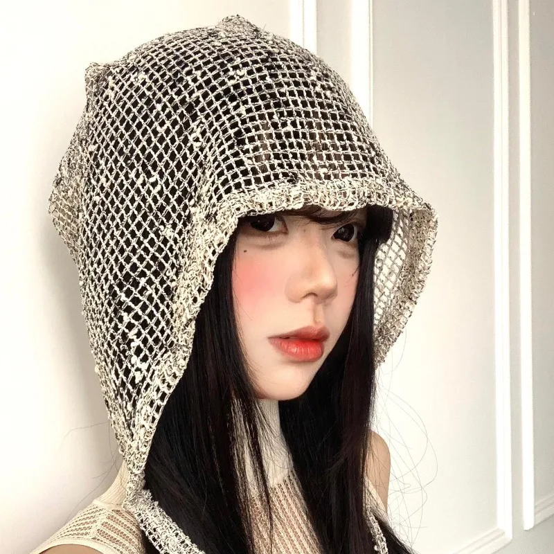 

Korean Grid Cut-out Sequin Breathable Lace-up Cold Hat Women Summer Personality Fashion Versatile Big Head Pullover Beanie Caps