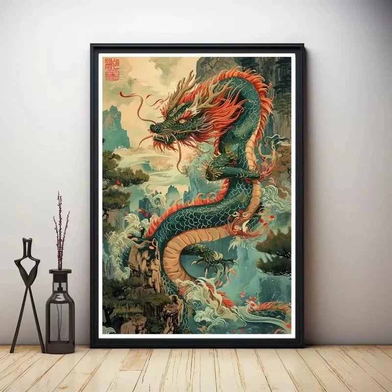 Chinese Dragon Poster Japanese Sakura Dragons Ukiyo-e Inspired Canvas Painting Print Asian Wall Art Picture for Room Home Decor