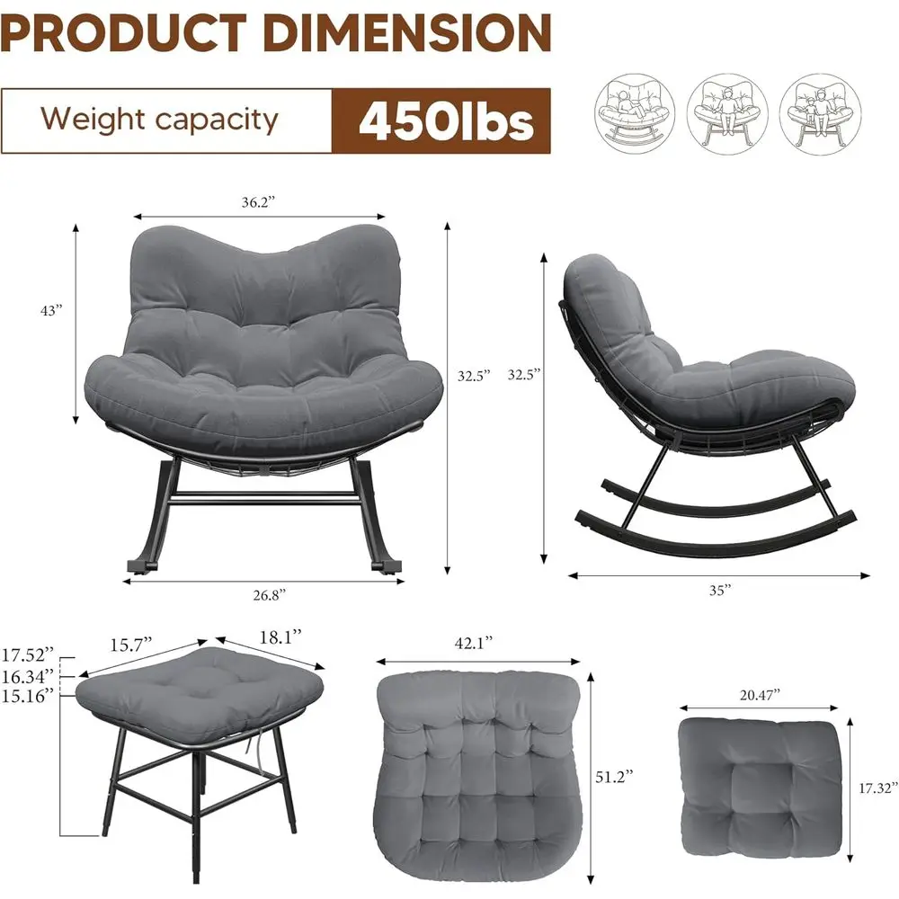 Outdoor Rocking Chair with Ottoman - Patio Papasan Rocking Chair with Adjustale ootrest, Doule Padded Cushions, 450Ls acity, 1-P