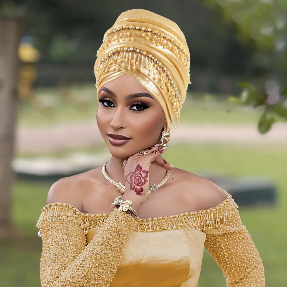 

Элегантный африканский авто геле головной убор женский головной убор капот Turbante Mujer тюрбан с кисточками и бисером для женщин хиджаб свадебная шляпа