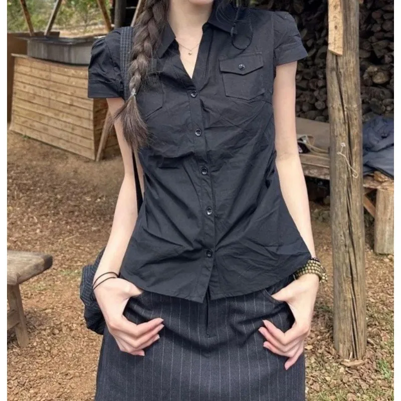 Koreanisches Retro-Taillenhemd für Damen, Sommer-Design, Kurzarm-Hemd, Figurbetontes Elegantes Oberteil