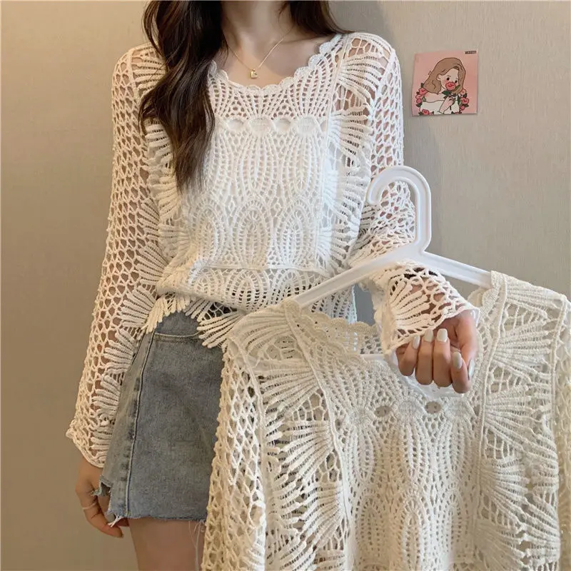 High Quality Hollow Out Knit Pullovers Women 2024 New Casual Clothes Tops Summer Shirts Sweater Round Collar Knitwear L239