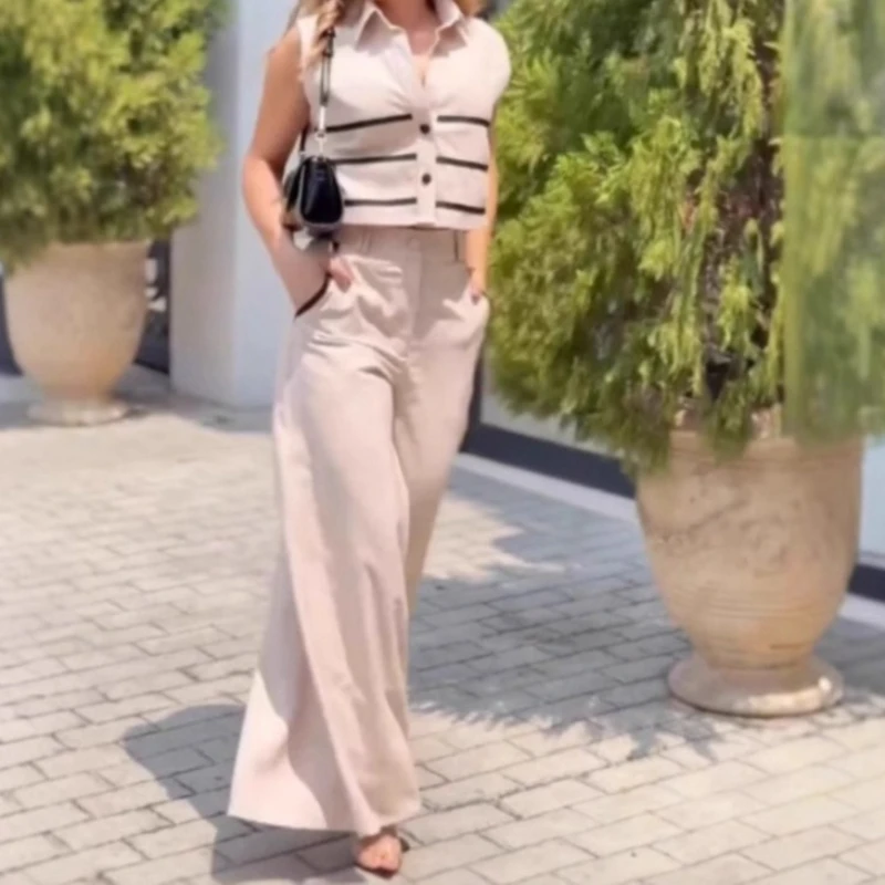 Summer Women Suits Elegant 2025 Fashion Color Contrast Short Sleeveless Top & Casual Wide Leg Pants Office Lady Two Piece Set