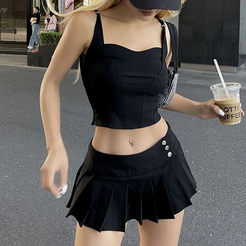2024 Summer Solid Concise Slim Casual Sporty 2 Piece Set Women Square Neck Sleeveless Crop Top Patchwork Pleated Mini Skirt