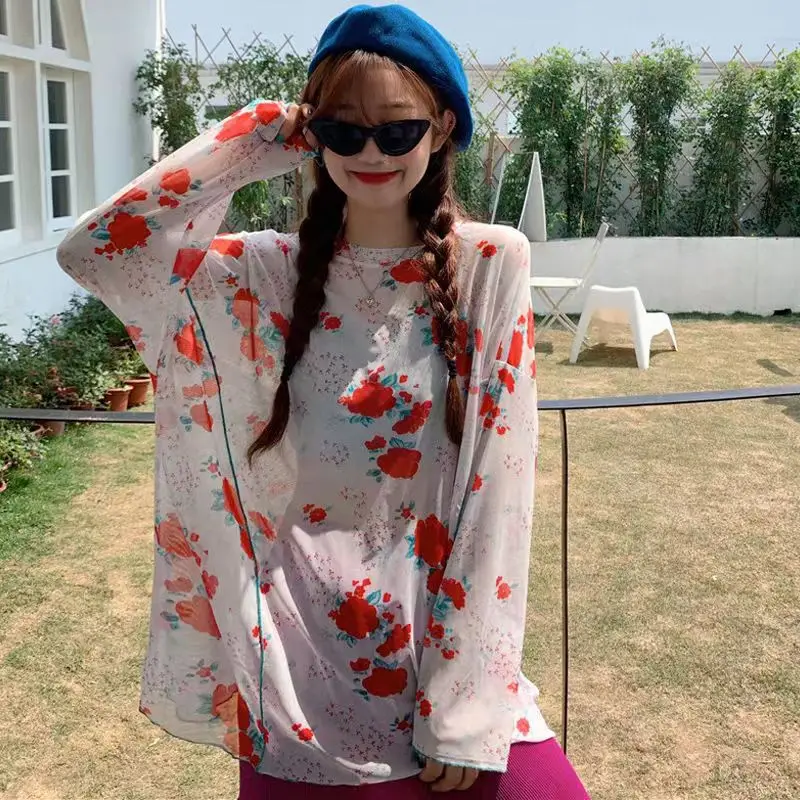 OUMEA Women Mesh Print Tshirt Summer Long Sleeve Loose Beach Cover up Plus Size Flower Print Sheer Cute Tops