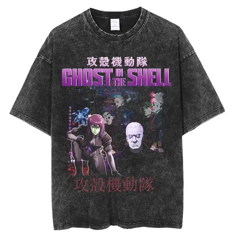 

Cotton T-Shirt Retro Washed Vintage Unisex Top Japanese Anime T-Shirt Ghost In The Shell Mobile Team O Neck T-Shirt For Men