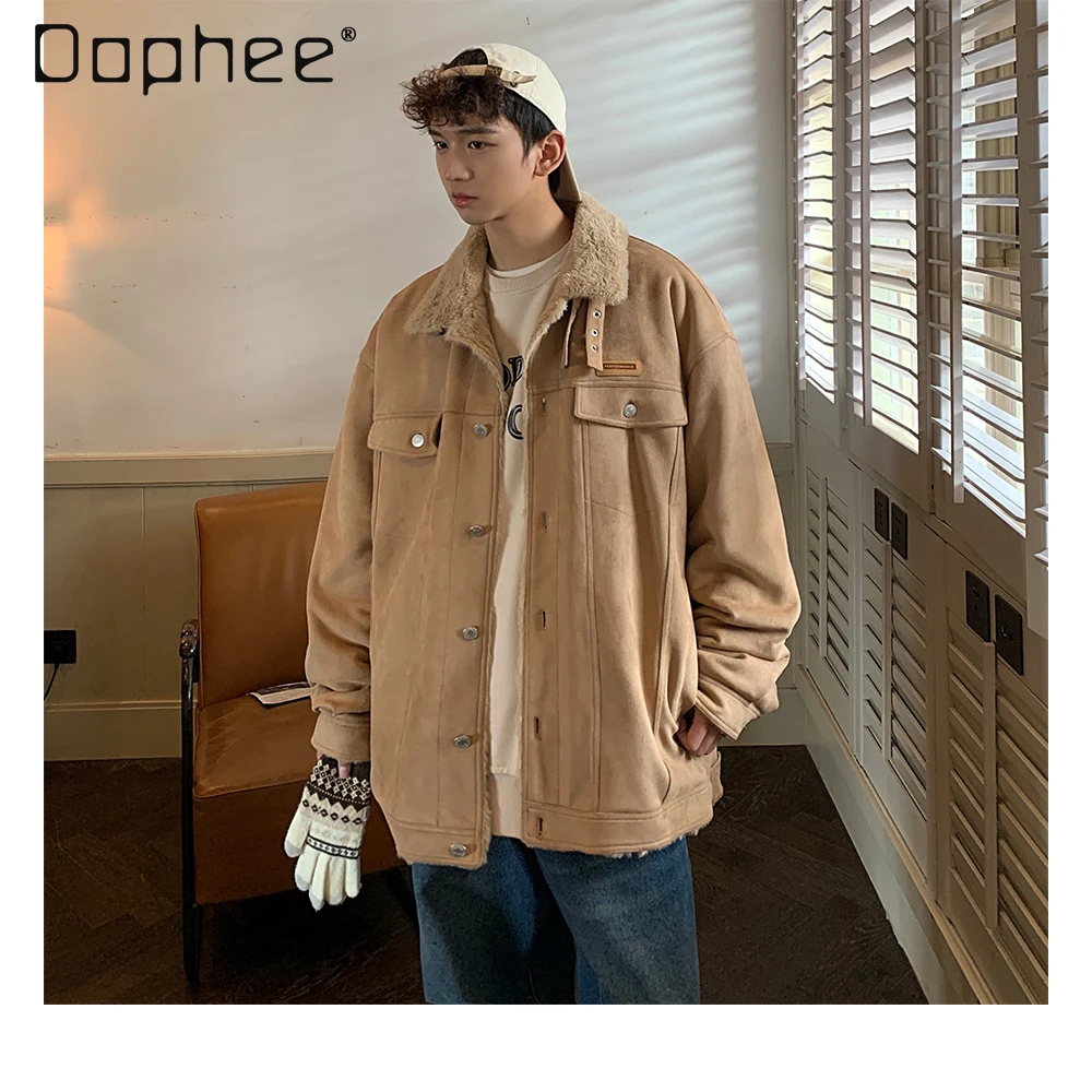 

Autumn Winter American Retro Suede Warm Khaki Cotton Jacket Unisex Thickened Gray and Dark Blue Casual Cotton Coat