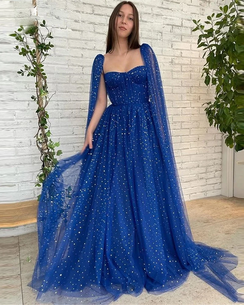 

Royal Blue A-Line Sparkly Stars Tulle Prom Dress Sweetheart With Long Cape Sleeves Evening Gowns Party