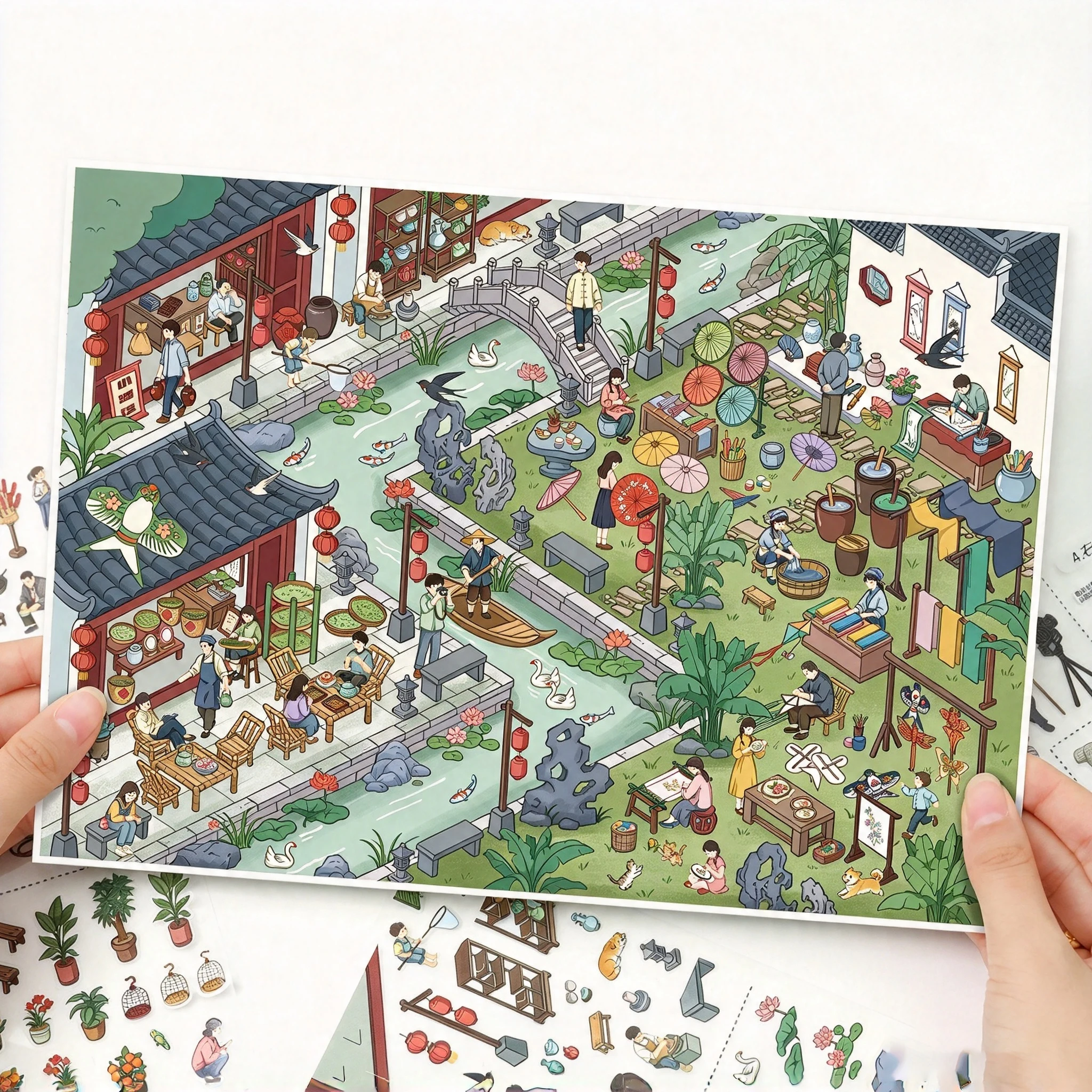 Ancient Chinese Style Bazaar Miniature Scene Stickers, DIY Create Your Own Landscape Stickers Set, Oriental Old Market Diorama S