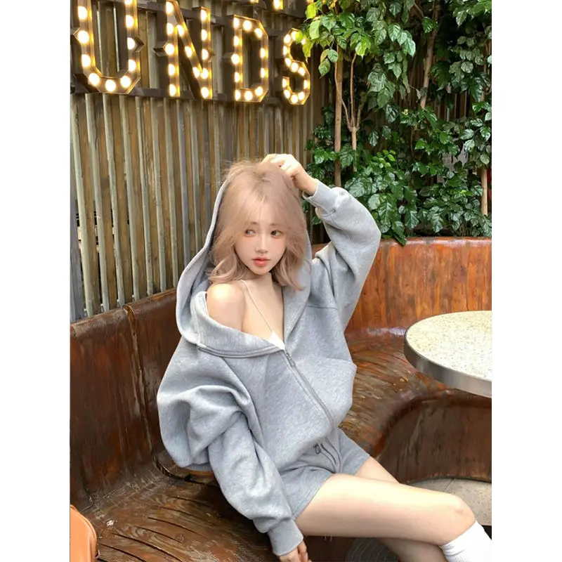 Casual Suit Gray Hooded Sweatshirt Jacket Women\'s Autumn High Waist Straight Leg Pants Short Two-piece Set