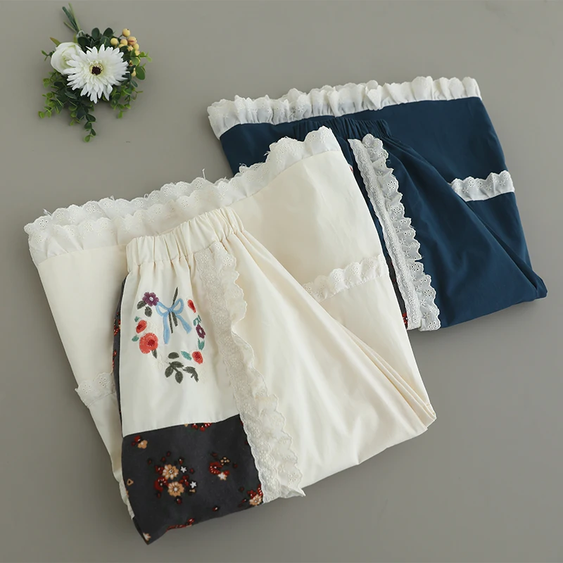 Japanese Vintage Mori Girl Floral Printed Lace Embroidery Patchwork Skirts Women Summer Elastic Waist Casual Kawaii Midi Skirts
