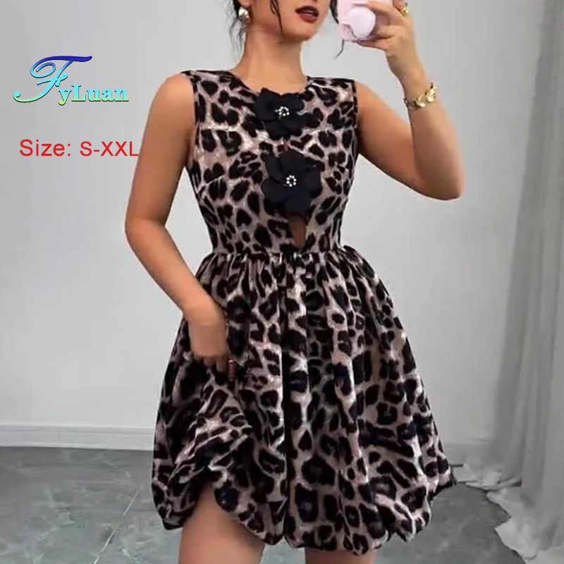サマースパイシーガールスタイル　レオパード柄ノースリーブワンピース　花柄カットアウト　ハイウエスト　レディースAラインワンピース　セクシーパーティーイブニングドレス