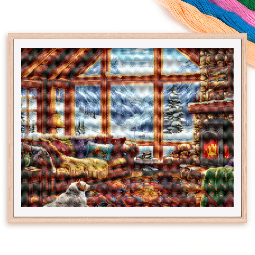 1pc 11ct Cross Stitch Starter Kit Diy Embroidery With Winter House Landscape Home Office Wall Decor Gift