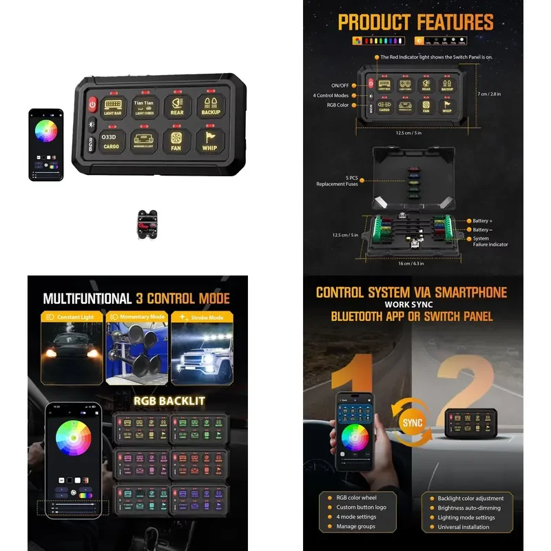 8 Gang for Bluetooth RGB LED Touch Control Panel Box Switch Panel for Car Truck Offroad ATV SUV