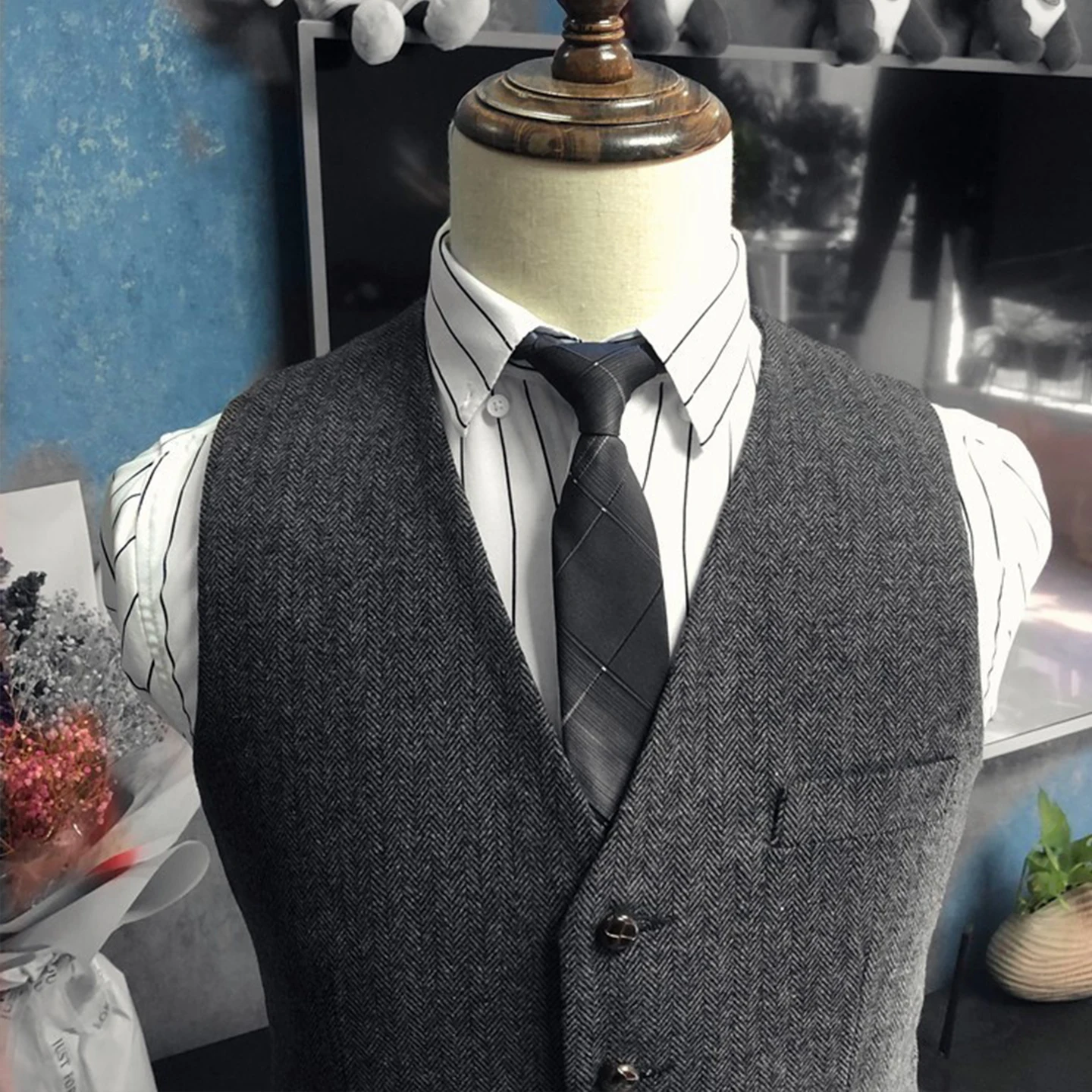 Rompi Wol Herringbone Hangat Retro Gaya Amerika Rompi Setelan Slim-Fit Pria Ukuran Besar