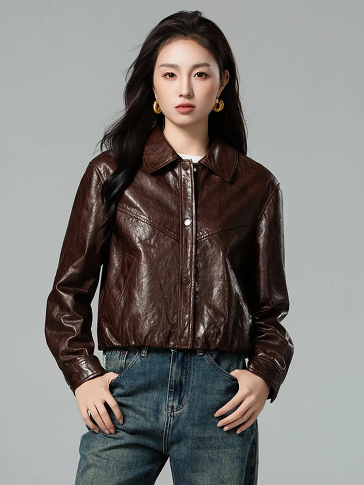 

Casual Genuine Leather Cropped Jackets for Women Spring Autumn 2026 New High-end Simple Solid Soft Oil Wax Real Sheepskin Coat