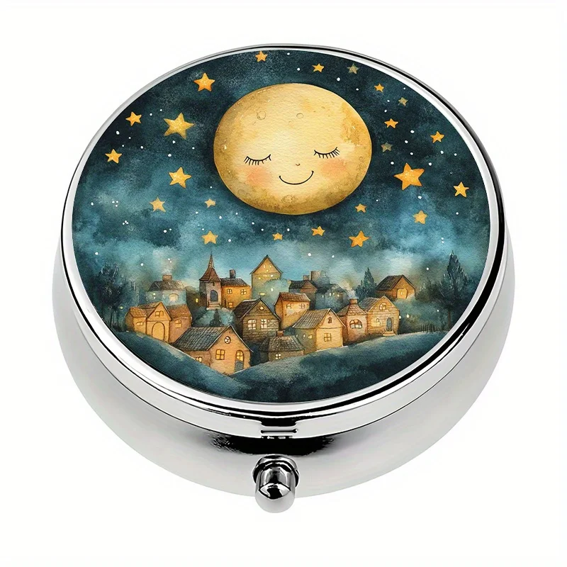 1 pill box with 3 compartments, cute moon-star-night-village theme, mini pill container, pill organizer, portable travel style, unique gift