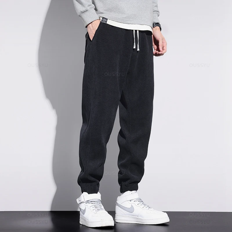 Men's Stretch Corduroy Pants Drawstring Elastic Waist Thick Loose Harlan Jogger Casual Trousers Cargo Sweatpants Plus Size M-4XL