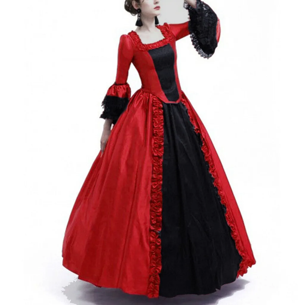 

Palace Style Gowns Women Maxi Long Dress Gothic Retro Medieval Bell Sleeve Vestido Square Collar Patchwork Ball Party Dresses