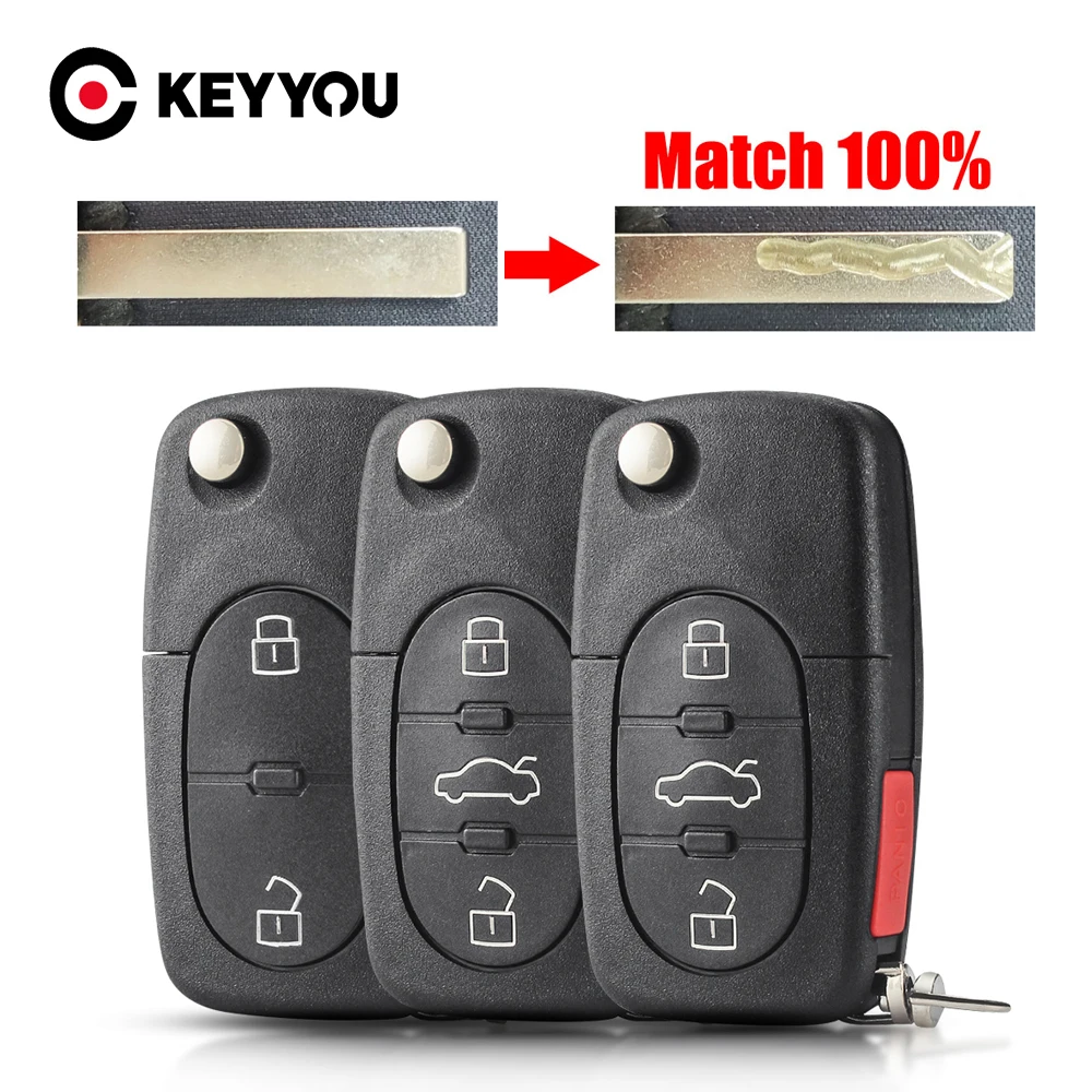 

KEYYOU With Cutting Service 2/3 Buttons Flip Remote Key Case Shell For Audi TT A2 A3 A4 A6 A8 B5 RS4 Quattr CR2032/CR1616 Holder
