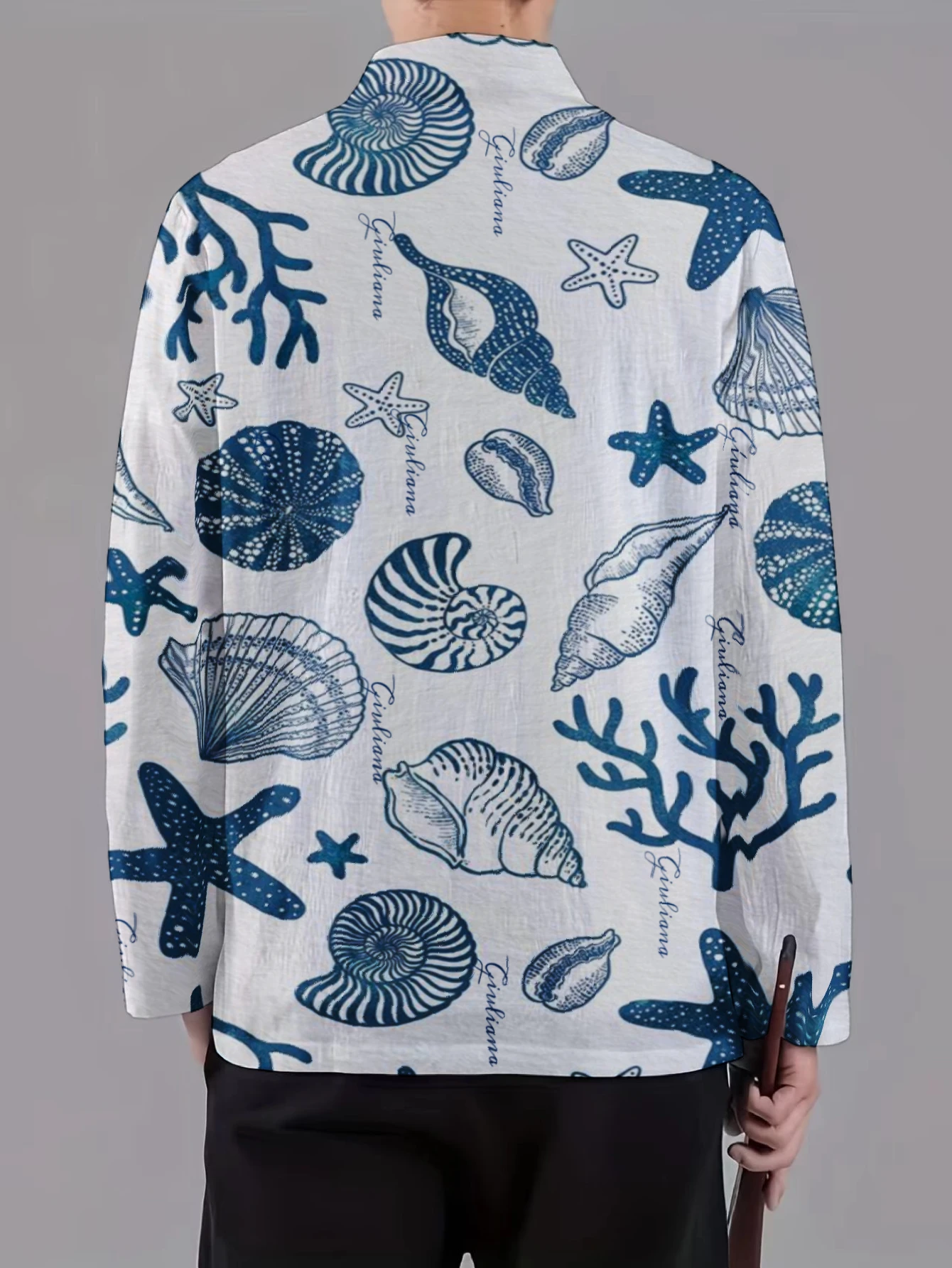 Men Mandarin Collar Frog Button Jacket Marine Theme Art Print Traditional Outerwear