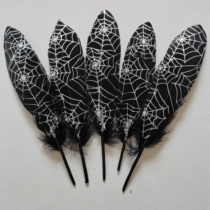 10pc 14-20cm Goose Satinettes Feathers with Spider Web Painted -Perfect for Earrings,Bridal Table  Party Mask Hat Millinery