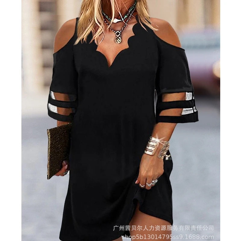 Women V Neck Half Sleeve High Waist Spring Summer New Mini Dress Geometric Print Sheer Mesh Cold Shoulder Top