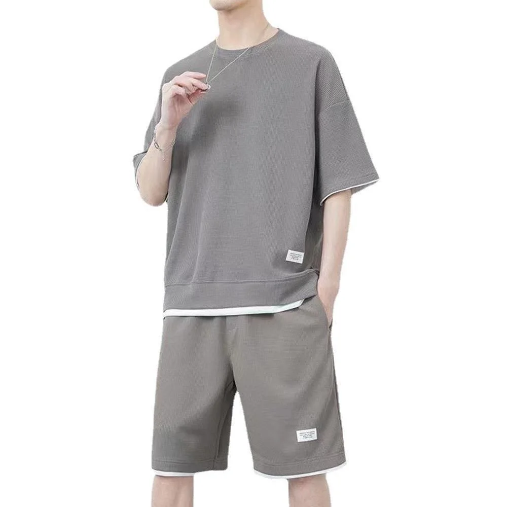 

Waffle Summer Men's Short Sleeved T-shirt And Shorts Two Piece Sets Handsome Fashionable Sportswear Tracksuit